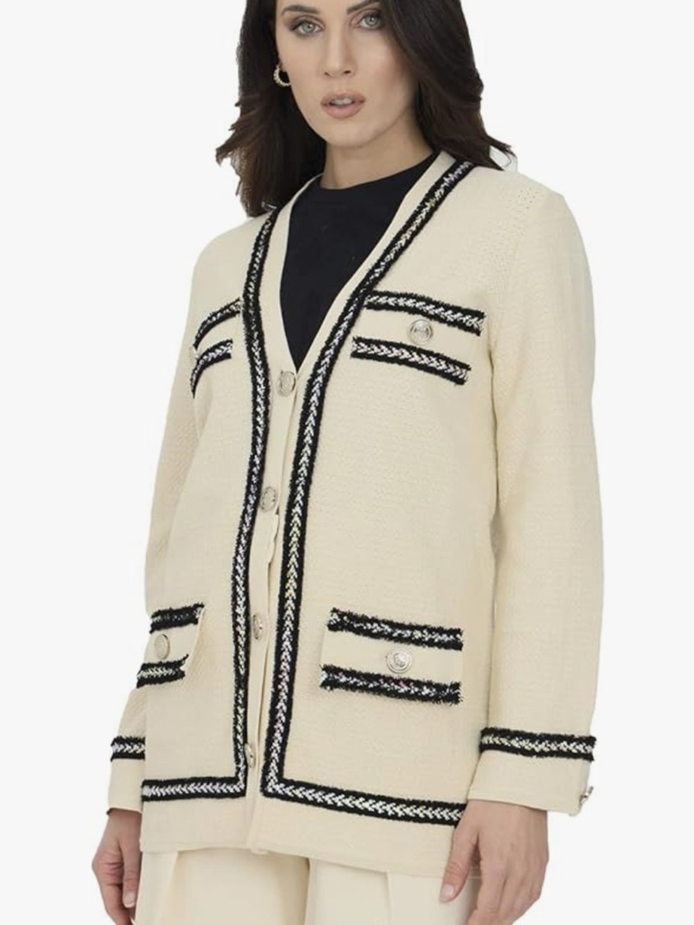 Pinko Cream Bouclé Cardigan with Black Trim